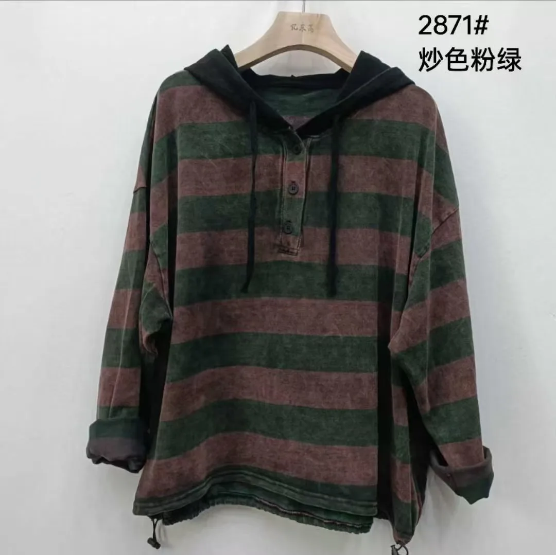 Korean style loose retro style hooded half-open buckle fried color Distressed sweater versatile casual hoodie for women 2871