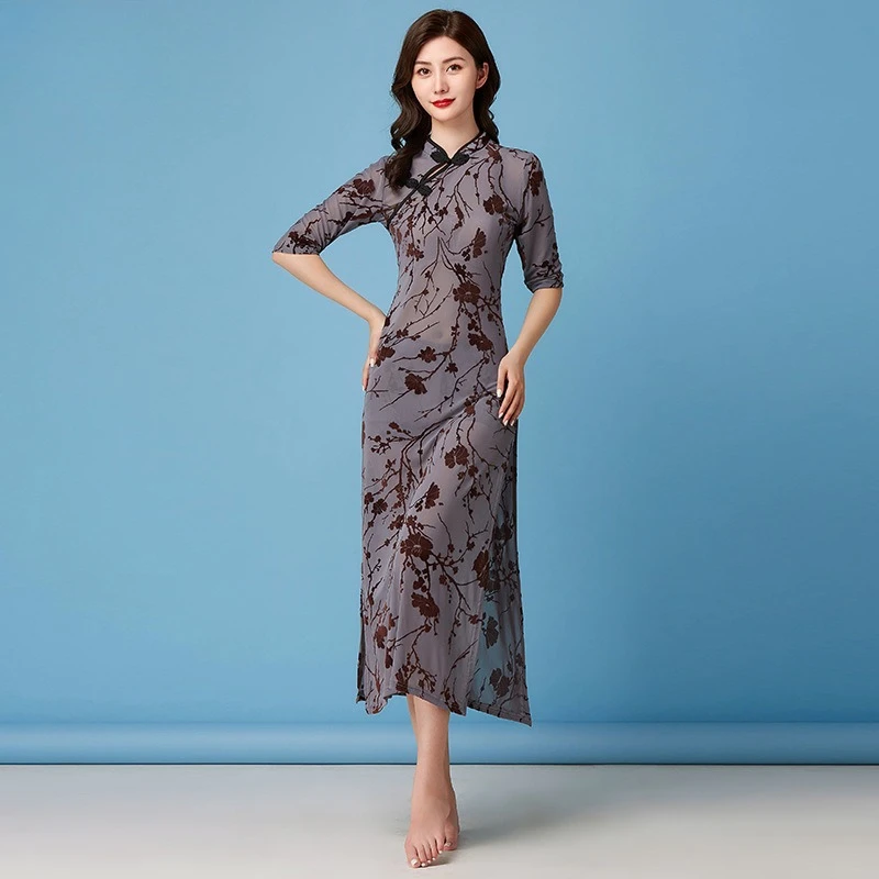 댄스 모던 댄스 치파오 거즈 드레스 중국 스타일 슬림 핏 레트로 메쉬 프린팅 벨리 댄서