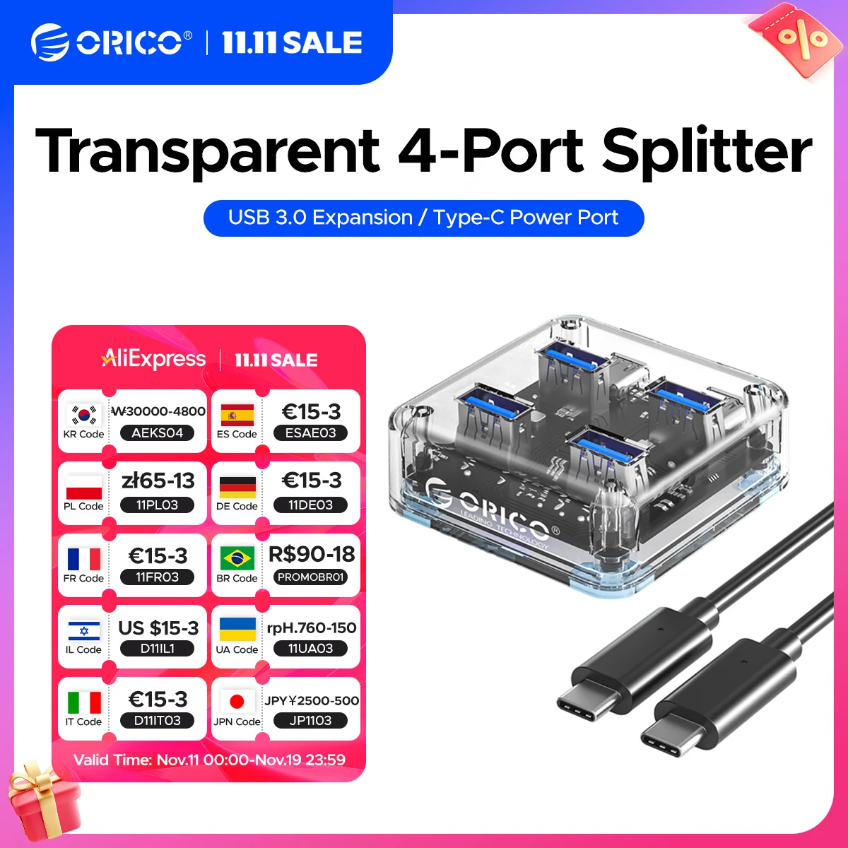 

ORICO Прозрачный концентратор USB C, 4-портовое расширение с интерфейсом питания, протокол USB 3,2, высокоскоростная передача данных, адаптер OTG