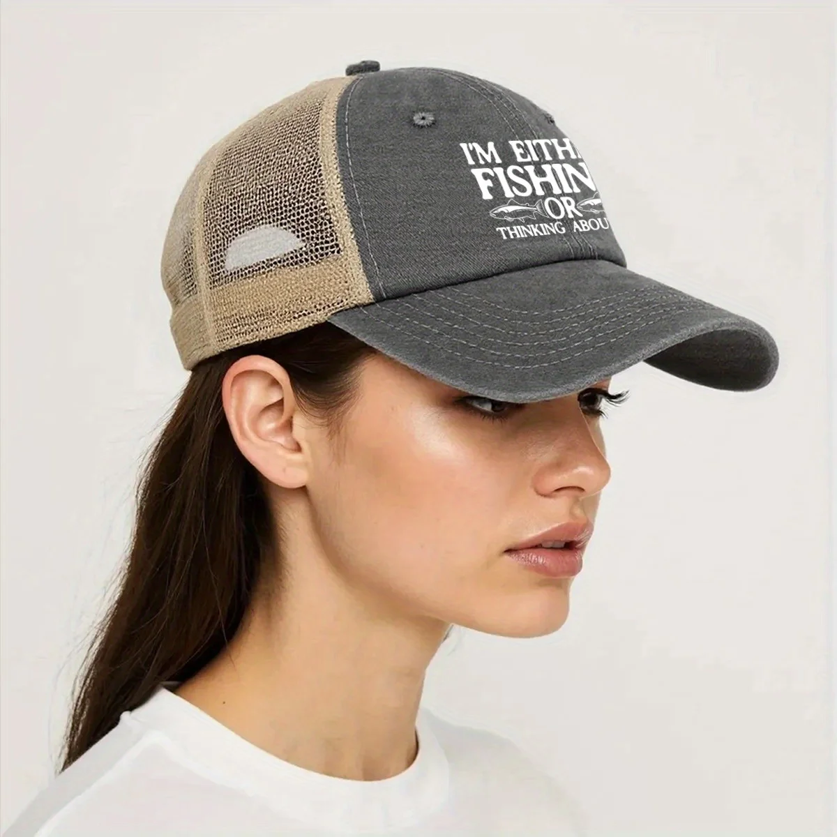Unisex Baseball Cap with "I'm Either Fishing or Thinking About It" Design Gray Beige Trucker Hat for Outdoor Casual Wear view 6