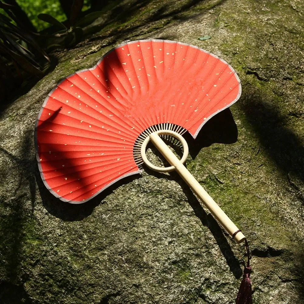 Creative Double-sided Ginkgo Round Fan Exquisite Vintage Rice Paper Fan Portable Hand Circular Fan Summer Decor