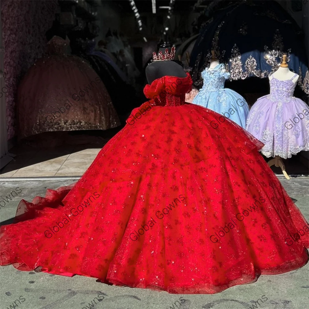 Messico rosso Off The Shoulder Ball Gown Quinceanera Dress For Girls Appliques di perline abiti da festa di compleanno farfalla Prom Sweet 16