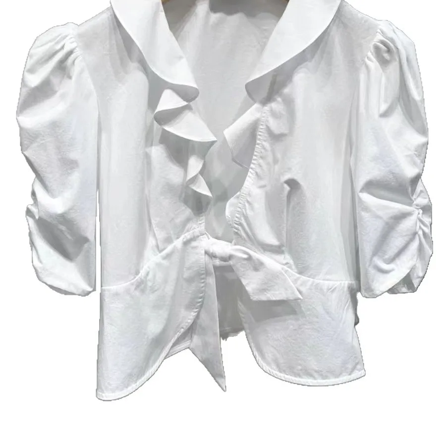 

Women's Ruffled Deep V-Neck White Shirt Summer 2026 Female Short Puff Sleeve Sweet Top Ladies Lace-up Elegant Blouse Top