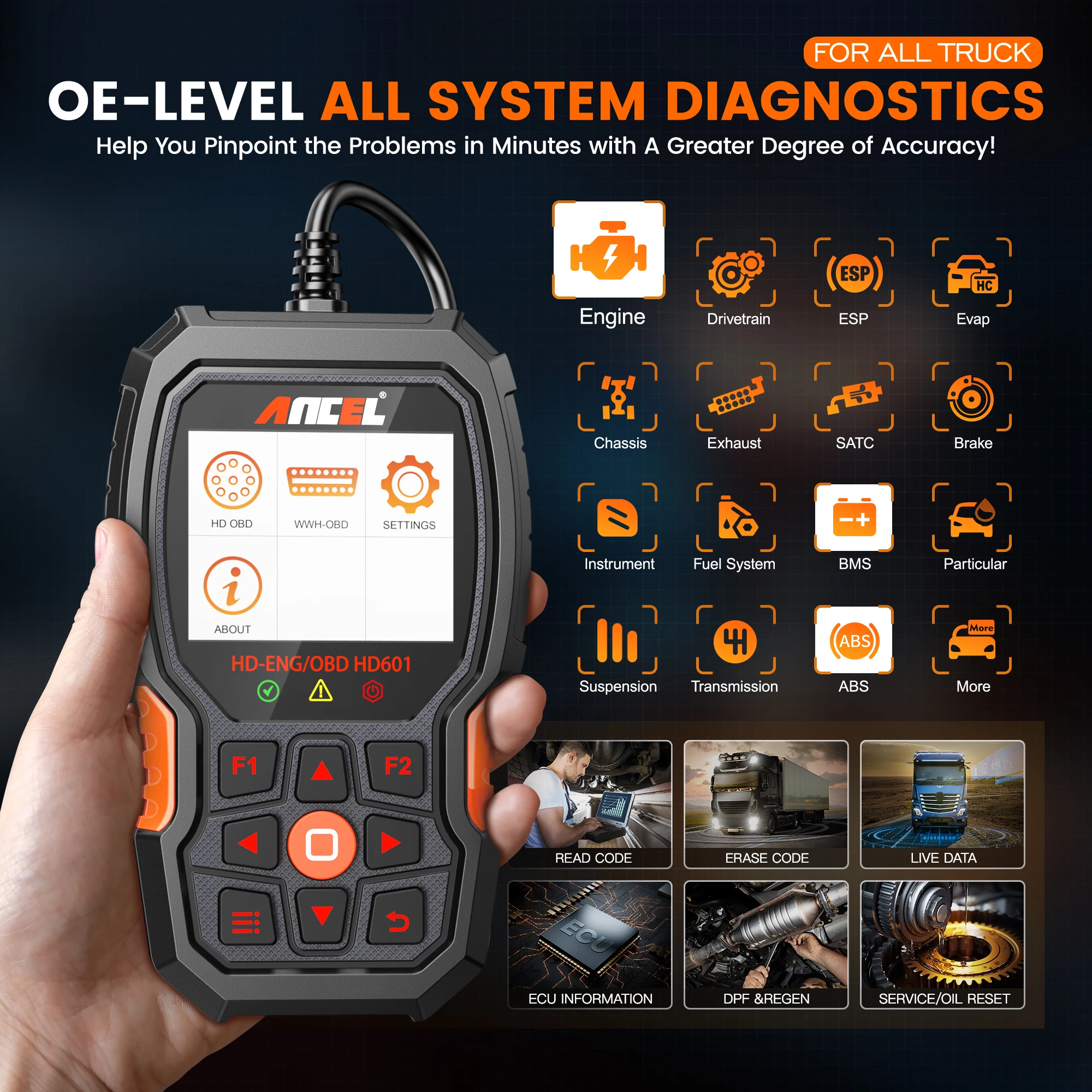 ANCEL HD601 Heavy Duty Truck Scanner Diagnostic Tool All System OBD2 Scanner Car Check Engine Code Reader with Reset DPF ABS