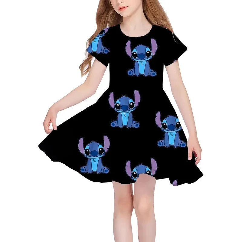 Vestido de verano para niñas, vestido de moda con dibujos animados de Disney Stitch, vestido estampado en 3D, ropa de princesa de manga corta para niños, novedad de 2026
