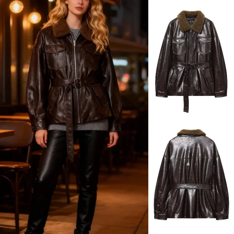 

Fall 2025 Trendy Sexy Layered Buckle Jacket Fashion Design Classic Lapel Open Front Zipper Detail Women's Outerwear