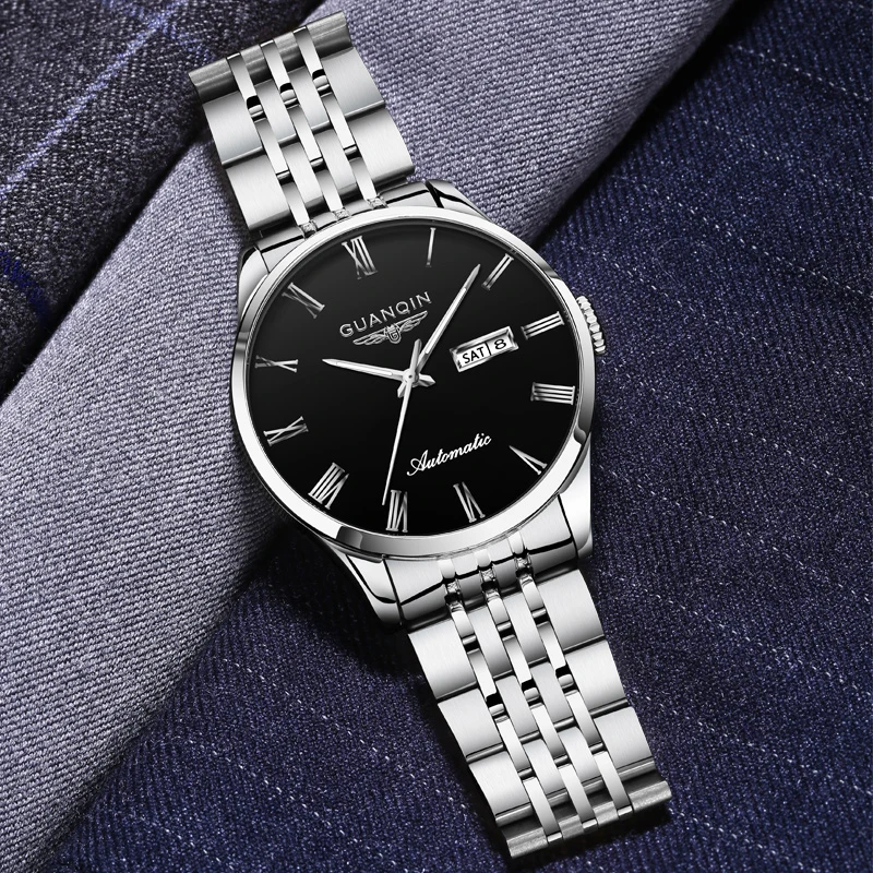 GUANQIN Luxury Man Mechanical Watch Minimalist Dial Stainless Steel Material Date Week Display Business Leisure Watches for Man