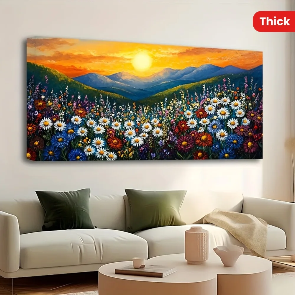 

1.5 inch thick pine solid wood frame, sunrise natural landscape lake view art frame, flower pattern painting