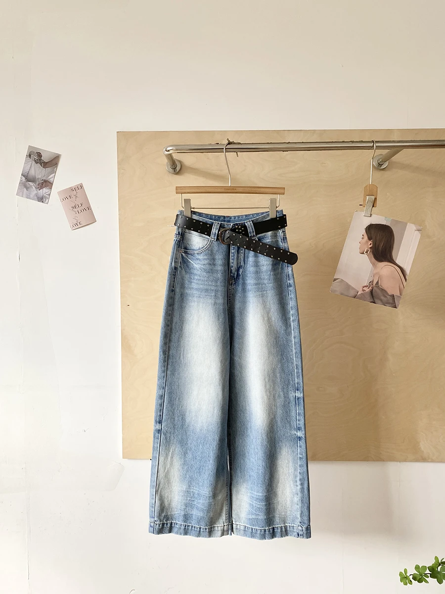 

Американские ретро-джинсы с высокой талией и широкими штанинами, женские, весна 2026, новый стиль, прямой крой, джинсовые брюки свободного кроя из полиэстера, визуально стройнящие фигуру