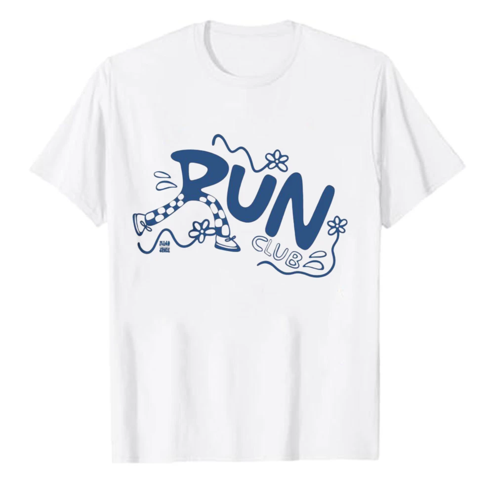 Unisex RUN CLUB Cartoon Leg Sneaker Floral Doodle Graphic T-Shirt Short Sleeve Casual Tee for Joggers Marathon Running Lovers