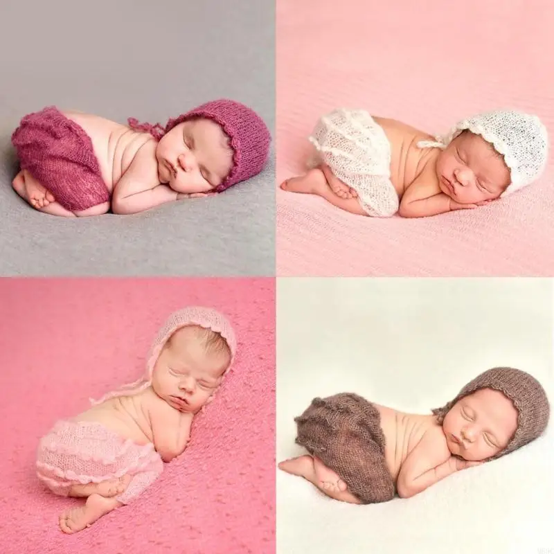 M89C Toddlers Photography Props Knit Pants Hat Outfit Newborn Photography Costume
