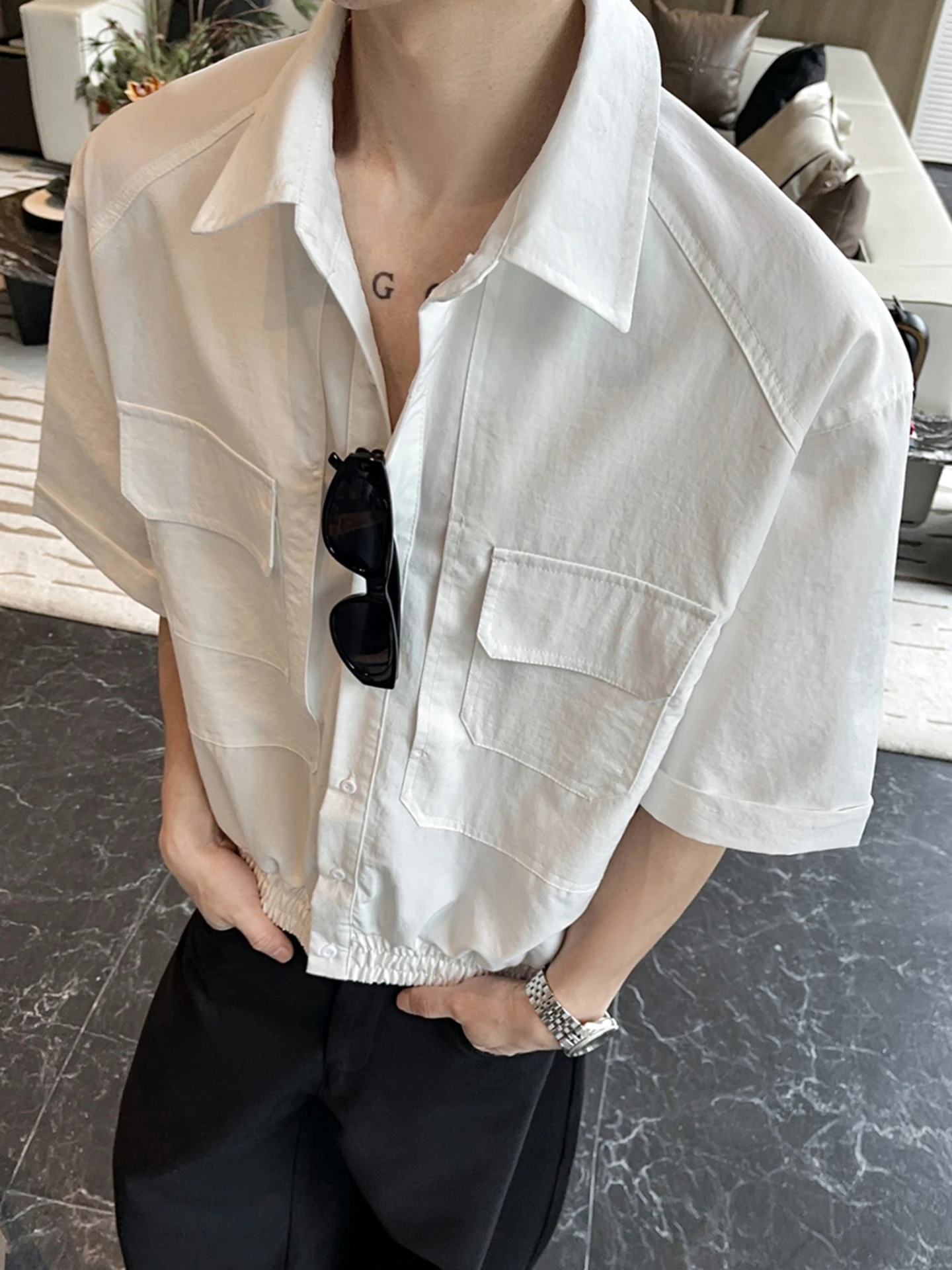 

Loose Fit American Workwear Style Short Sleeve Shirt for Men Summer Trendy Brand Elastic Hem Design Pocket Detail Breathable ...