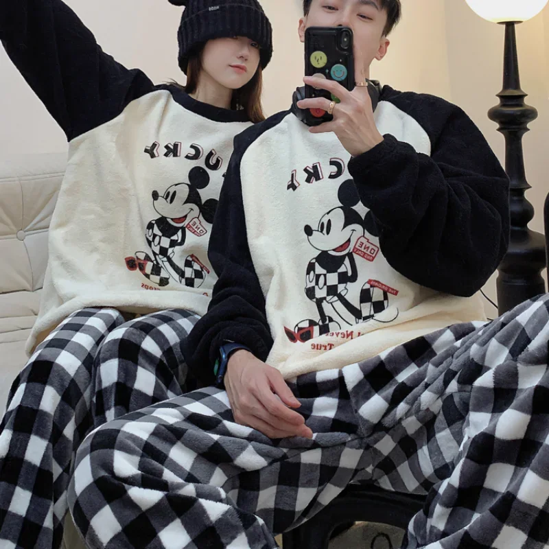 Disney Mickey Winter New Coral Fleece Couple Pajamas Fleece Thickened Warm Cartoon Comfortable Loungewear Two-piece Set