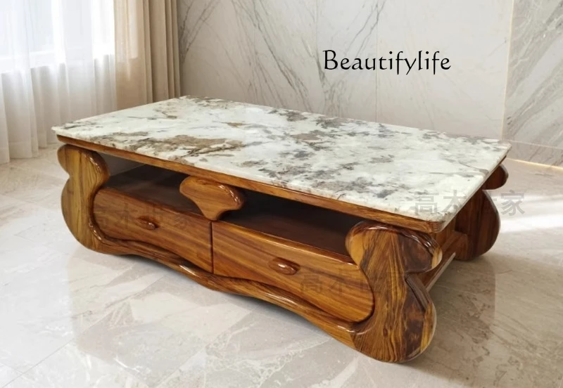 

New Chinese ebony coffee table living room modern simple marble solid wood tea size apartment