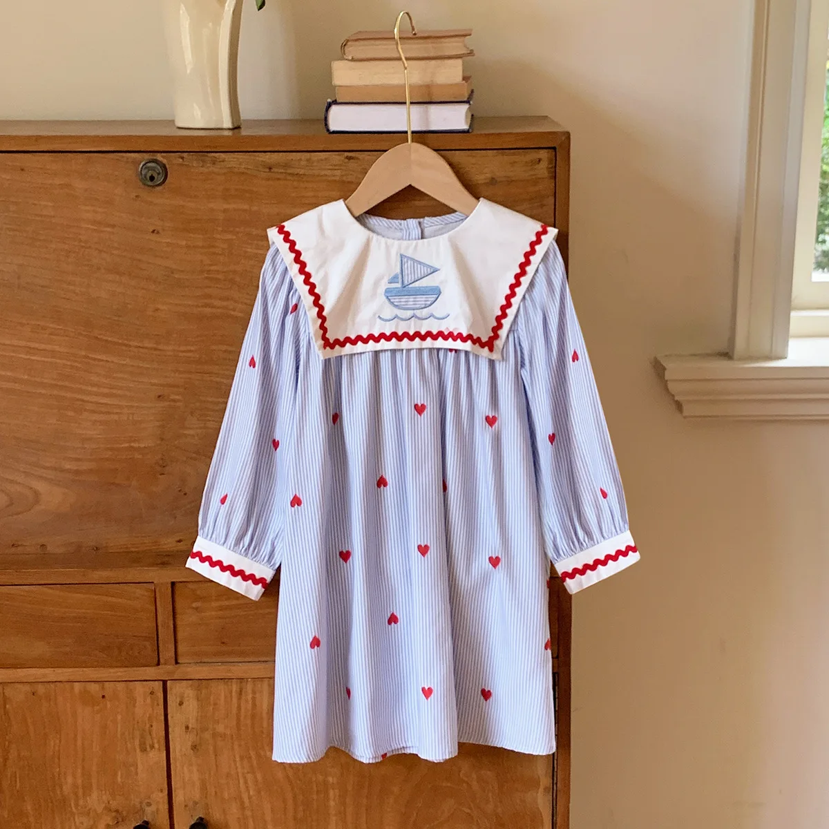 2026 Spring Girls Nautical Striped Dress, Sailboat Embroidery Long Sleeve Preppy Style Gown for 90-140cm