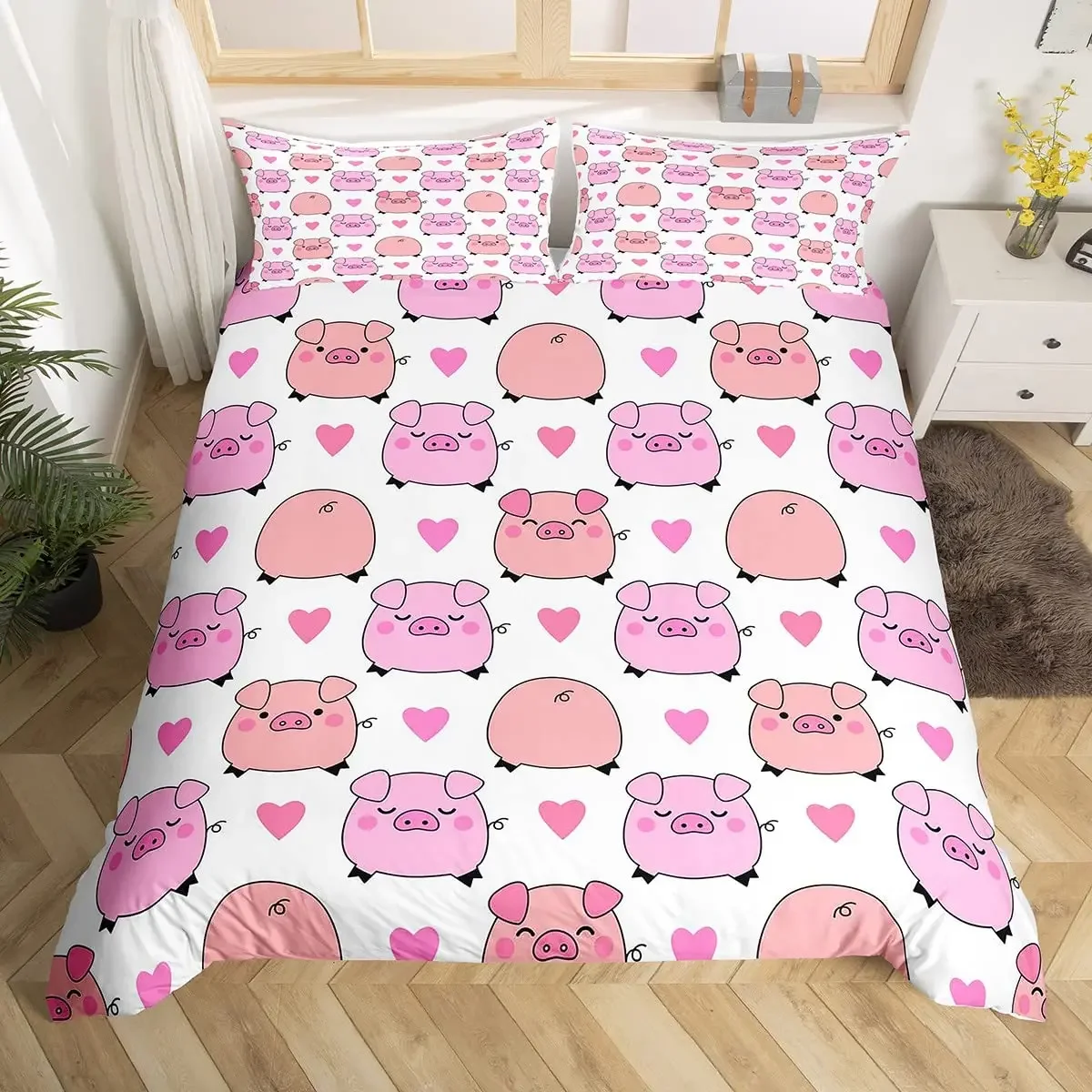 

3PCS Single-sided Pink Pig Printed Comforter Bedding Sets Comfortable Bedspreads Comforter Duvet King Bedding Birthday Gift