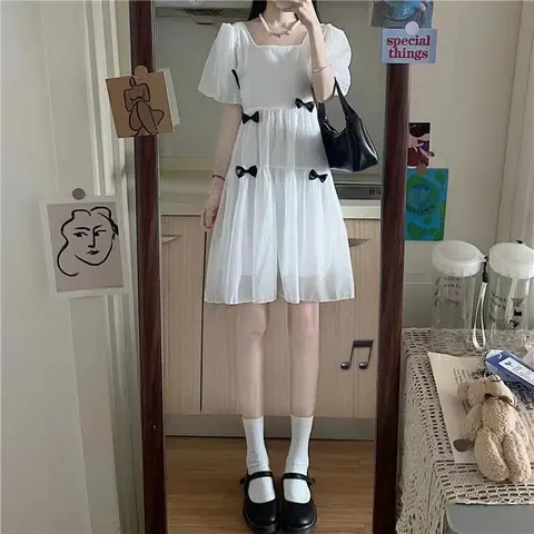 Elegant Fashion Harajuku Slim Fit Female Clothes Loose Casual All Match A-line Skirt O Neck Insert Chiffon Short Sleeve Dresses