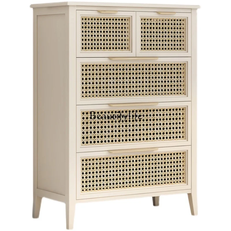 

*American light luxury solid wood chest modern simple braided rattan five bucket locker