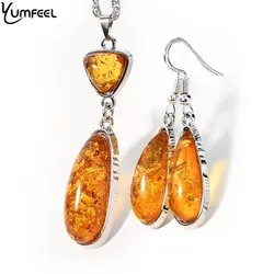 Yumfeel New Amber Pendant Necklace & Earrings Women Vintage Boho Vintage Jewelry Set