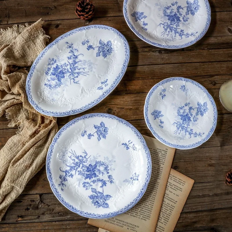 

Vintage Blue and White Floral Ceramic Plate Set,Embossed Porcelain Plates,Retro European Style Tableware for Home,Dining Decor
