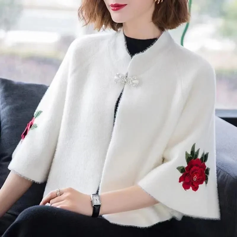 High End Women Imitation Mink Velvet Coat Autumn Winter Embroidered Shawl Fashion Short Sweater Shawl Knitted Cardigan Jacket