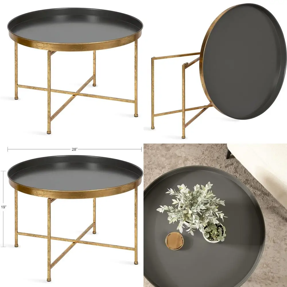 طاولة قهوة براقة قابلة للطي باللون الرمادي والذهبي، مقاس 28 × 28 × 19، مع ميزات تخزين وعرض