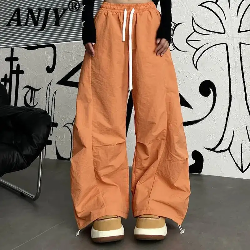 ANJY Spring Summer New Women Fashion Ins Pleated Letter Print Loose Casual Pants Hip Hop Drawstring Elastic Waist Bottoms A23828