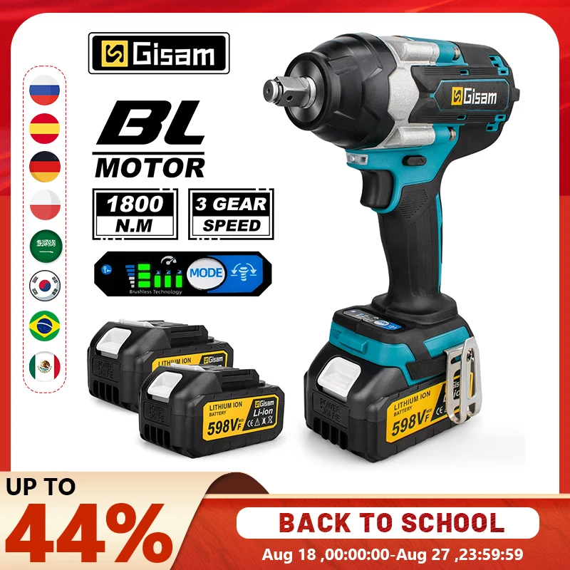 Chave de impacto elétrica sem escova, torque 1800n.m, bateria de íon de lítio de 1/2 polegadas, ferramentas sem fio para pinos de bateria makita 18v