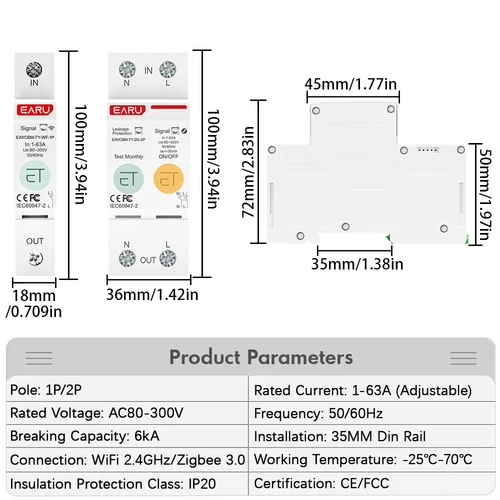 Imagen 2 del producto Disyuntor inteligente ZigBee, 1/2P, 63A, WiFi, interruptor MCB, medidor de energía, temporizador, relé kWh, Protector de corriente de voltaje, Control remoto