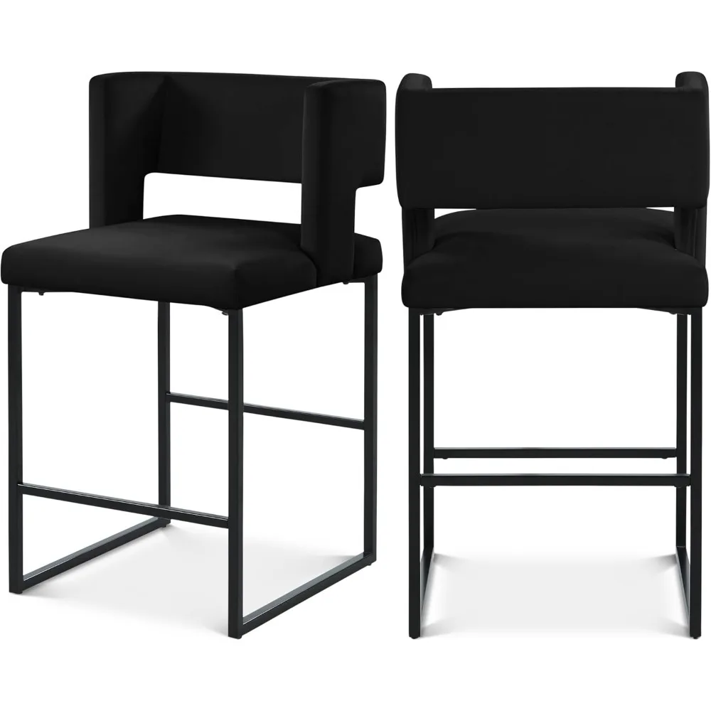 

Contemporary Counter Height Stool With Unique Square Back And Sturdy Iron Legs, Set Of 2 Black Velvet