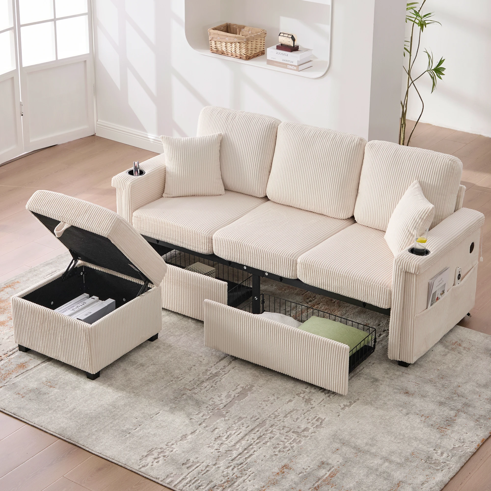 Sofá Modular LED USB Tipo C con Almacenamiento, Cajones, Portavasos y Bolsillos, Terciopelo Acanalado Beige, 194 × 73 × 81 cm