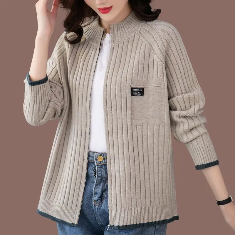 Simplicity Elegant Solid Office Lady Fashion Loose Casual Women\'s Clothing Zipper Screw Thread Long Sleeve Sweaters Cardigan