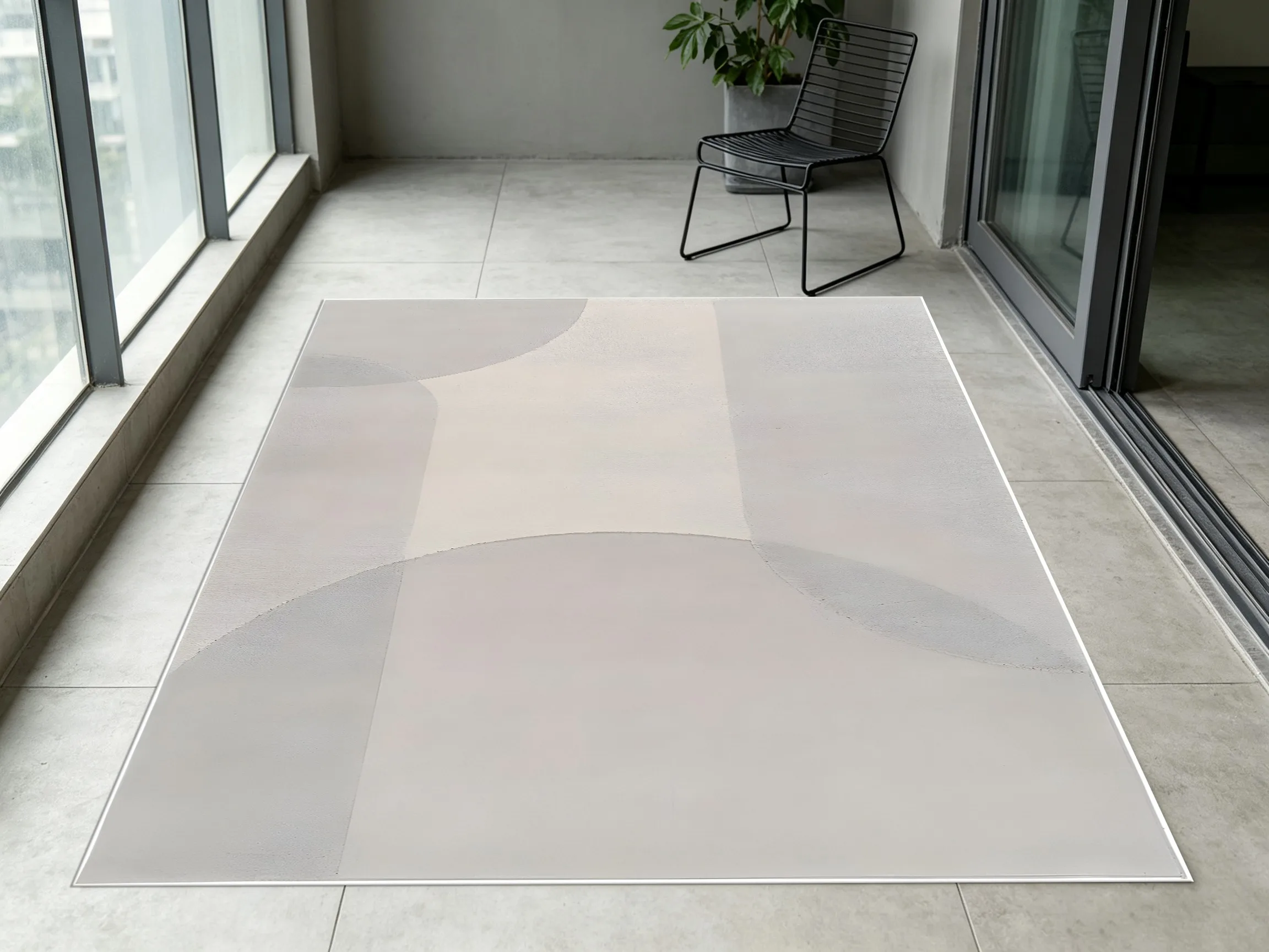 Light Gray Curved Geometric Mosaic Velvet Rug, Minimalist Wabi-Sabi Decor for Living Room & Bedroom