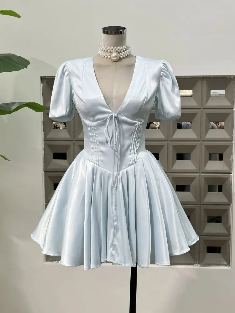

New Women's Party Cocktail Evening Dresses Satin V-Neck Low Cut Bubble Short Sleeve Solid Color Fashion Women's Short Dress ﻿