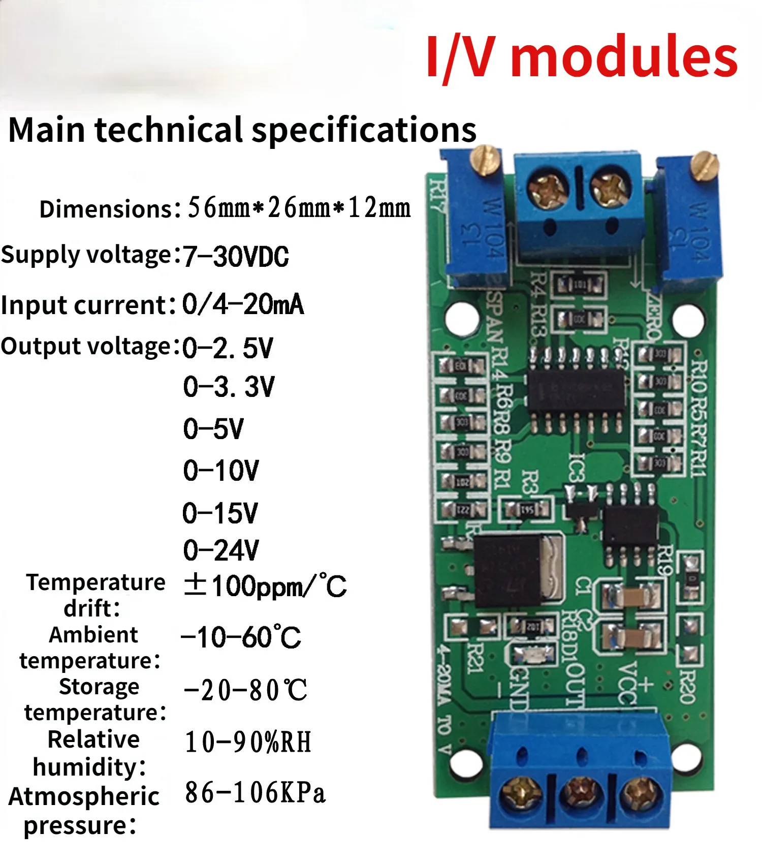 Current to Voltage Module Signal Conversion Conditioning 4 ~ 20mA to 0 ~ 5V 3.3V 10V 15V Transmitter