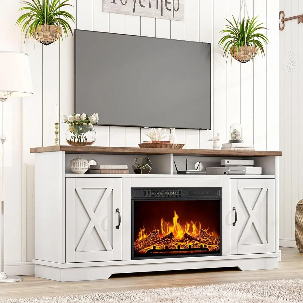 

Rustic Oak and White 63 TV Stand for 26 to 73 TVs with Adjustable Shelves and Barn Door