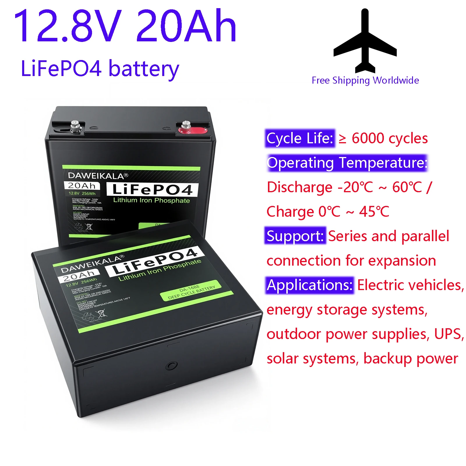 Batterie rechargeable LiFePO4 12V, capacité réelle 20Ah, pour énergie solaire, moteur électrique, vélo électrique, alimentations extérieures, longue durée de vie
