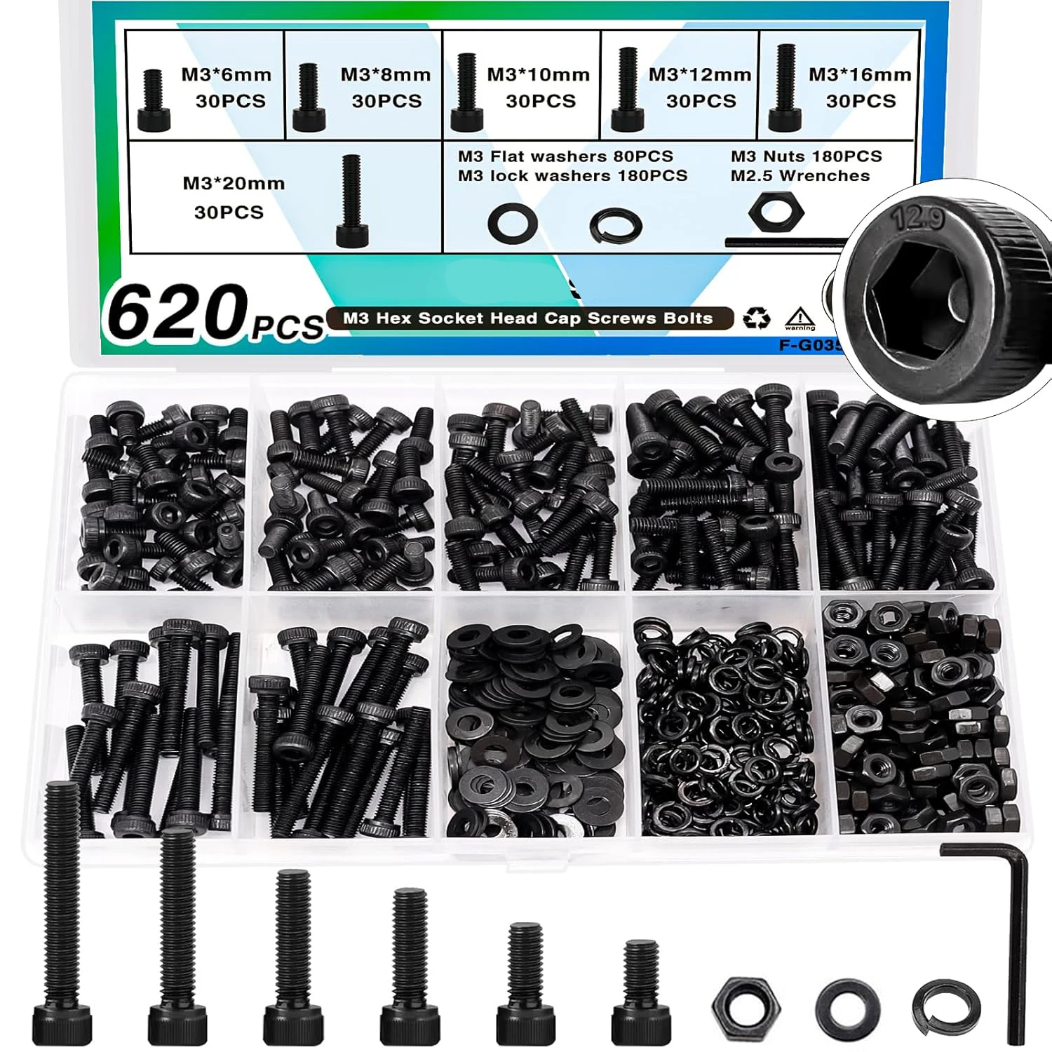 620 pieces M3 screw kit, hexagon socket set screw combination nuts and washers, M3 x 6/8/10/12/16/20mm, 12.9 grade alloy steel,