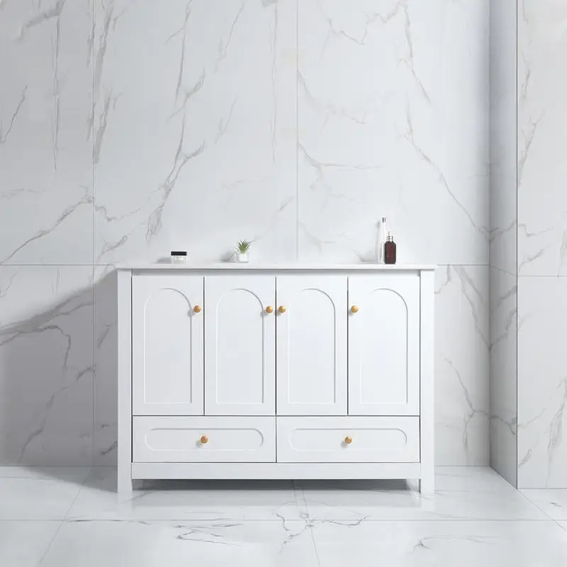 مجموعة حوض استحمام بيضاء مقاس 48 بوصة مع مجموعة حوض سيراميك، وخزانة تخزين واسعة - بابين مغلقين ناعمًا و4 أدراج، باستثناء الحوض