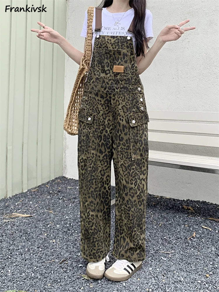 Jumpsuits Women Vintage Spring Daily Fashion Leopard Print Design European Style All-match Wide Leg Trousers Cozy Pockets Denim