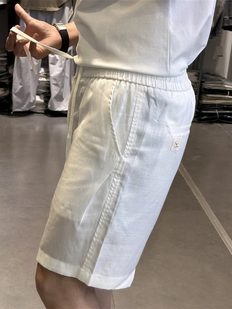 Retro Leisure Male Button Elastic Waist Loose Pockets Shorts Breathable Solid Color Men Versatile Straight Short Trousers