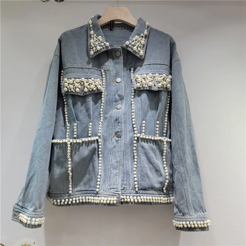 

Heavy Beaded Design Denim Jacket, Women's Trendy 2025 Autumn Winter New Loose Slimming Versatile Long Sleeve Light Blue Coat