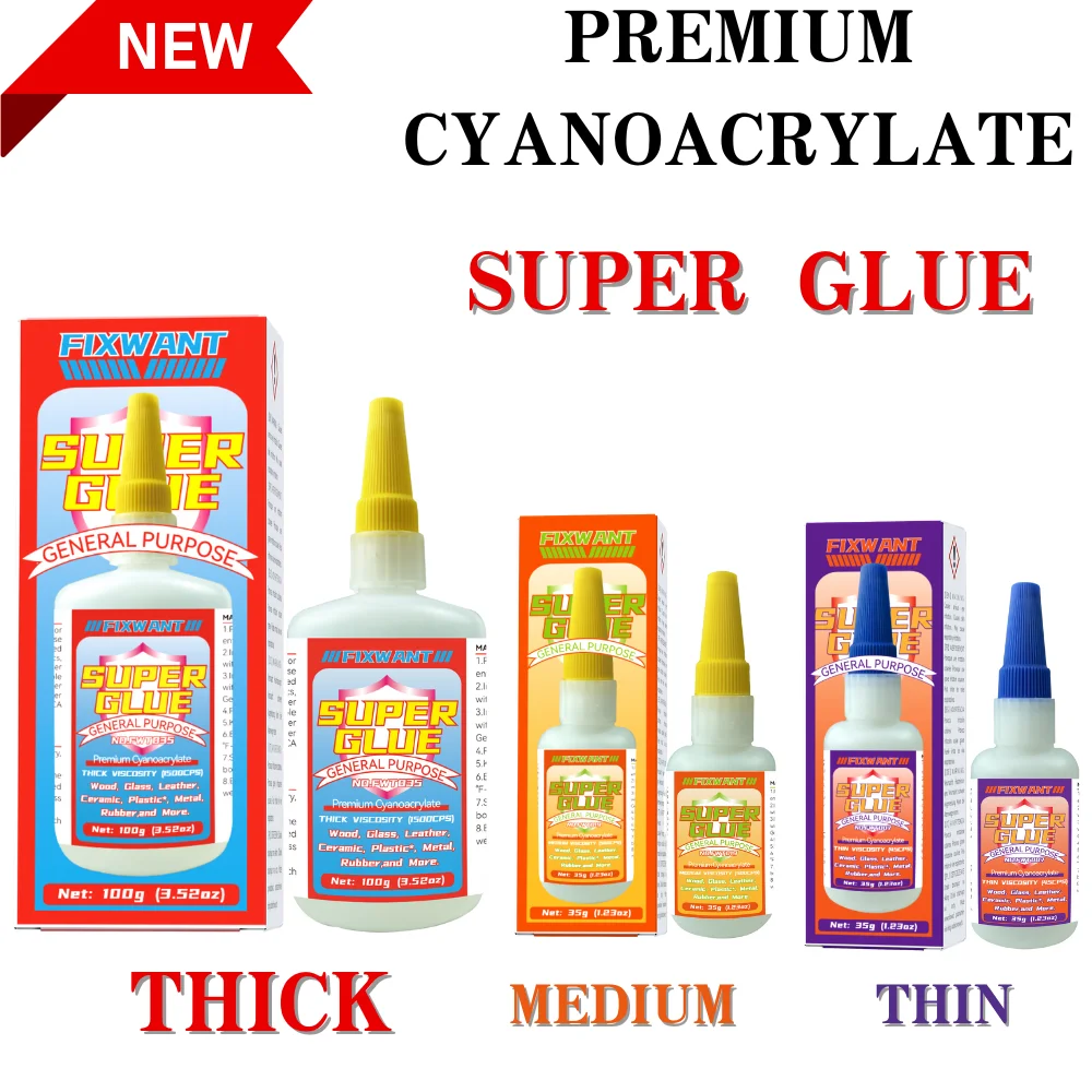 FIXWANT Premium Cayanocarylate Adhesive Thin Medium Thick Liquid Super Glue General Purpose for PVC Wood Metal Plastic and More