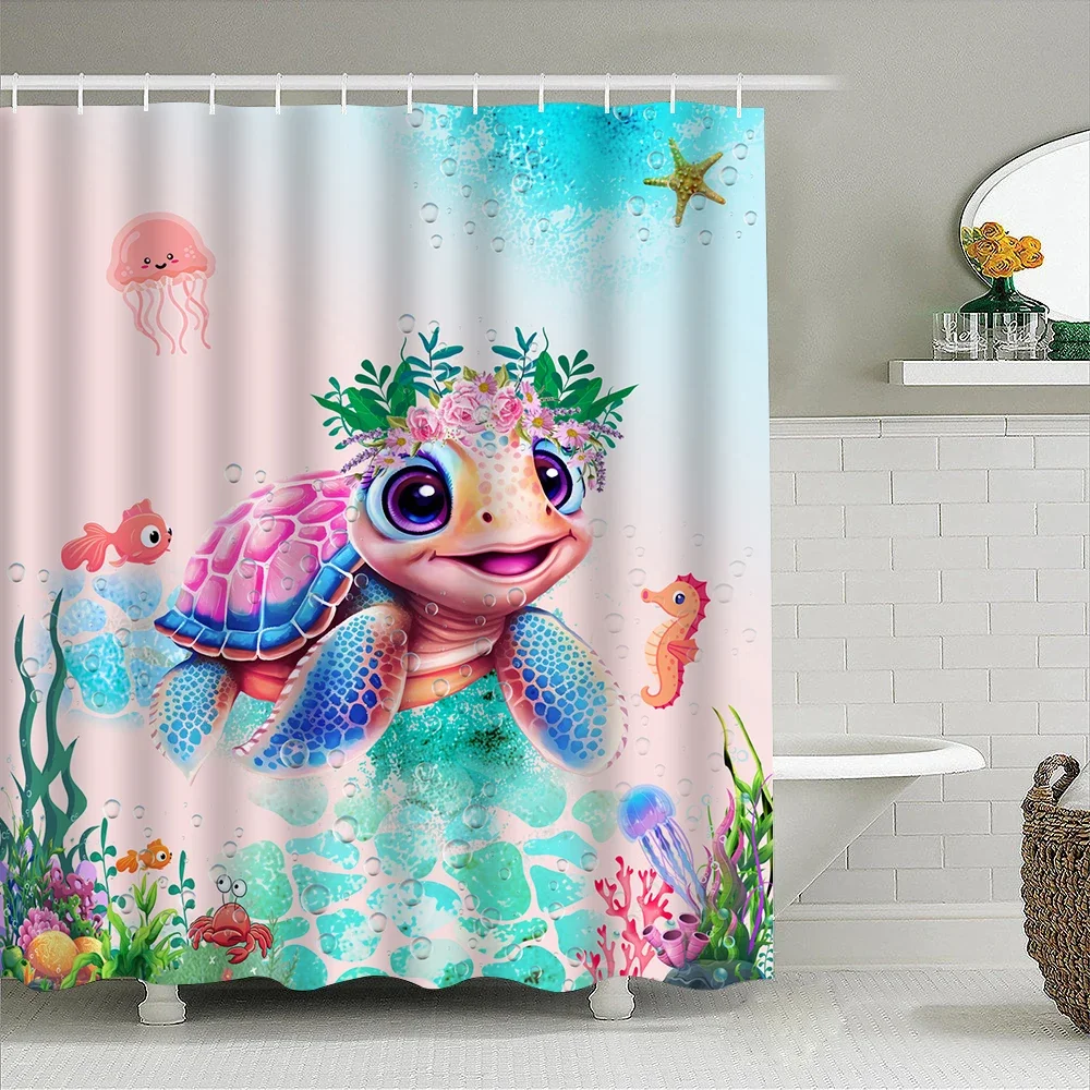Garland Turtle Shower Curtain Bathroom Partition Decorative Curtain Machine Washable Turtle Print Window Privacy Curtain
