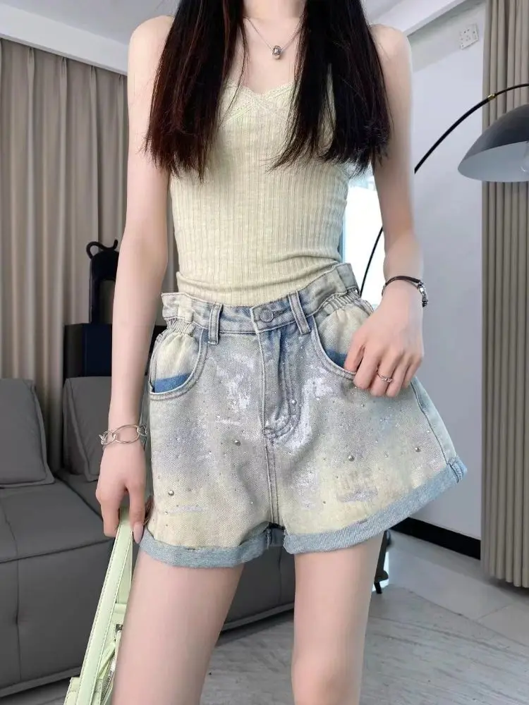 American Retro Jeans Shorts For Women In Summer Thin High Waist And Crimping Edge A-Line Wide-Leg Hot Pants