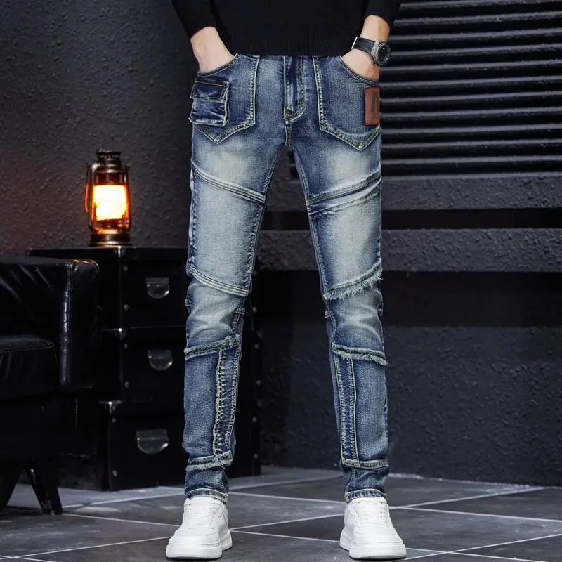 new handsome and personalized nostalgic multi pocket patchwork with raw edge elastic jeans for men's  denim jeans