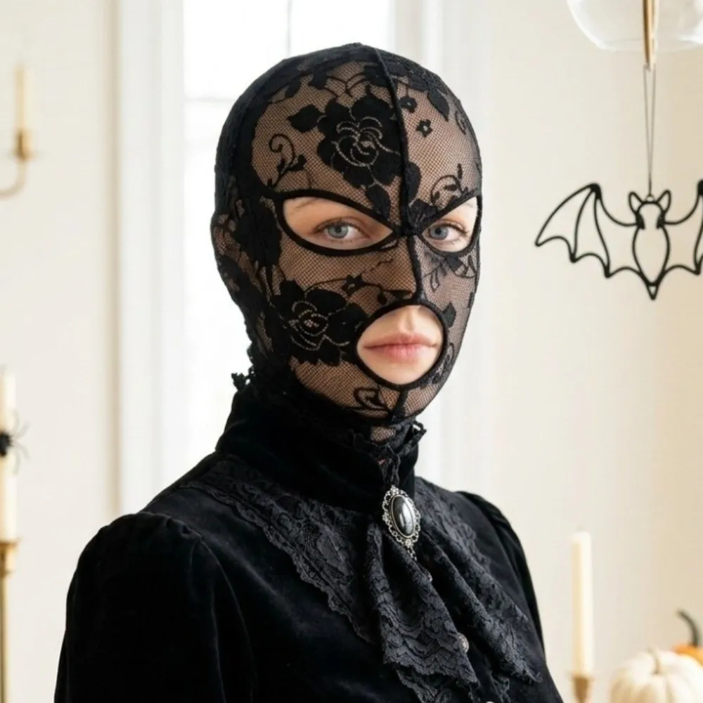Vintage Halloween Head Cover Breathable Quick-dry Gothic Lace Mask Cosplay With Eye Mouth Openings Black White Mesh Headpiece