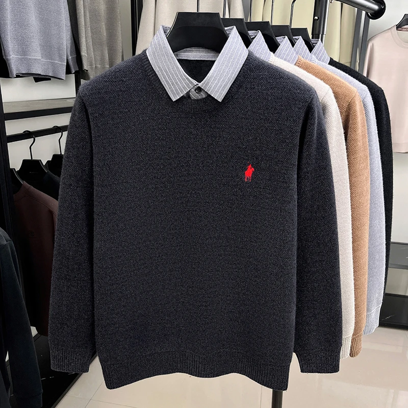 شخصية وهمية قطعتين الرجال محبوك سترة فاخرة مصمم العلامة التجارية بول المهر التطريز الأزياء مخطط قميص طوق السترة