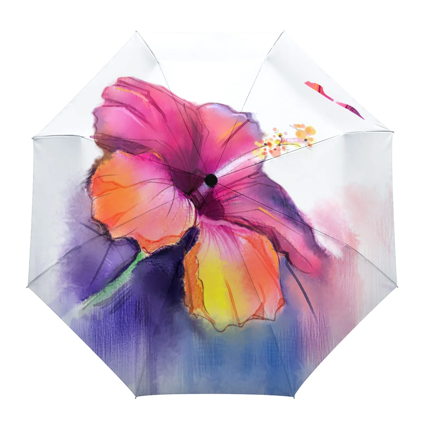 Hibiscus Flower Watercolor Painting Automatic Umbrella for Rain Foldable Parasol Umbrella Eight strand Outdoor Umbrellas