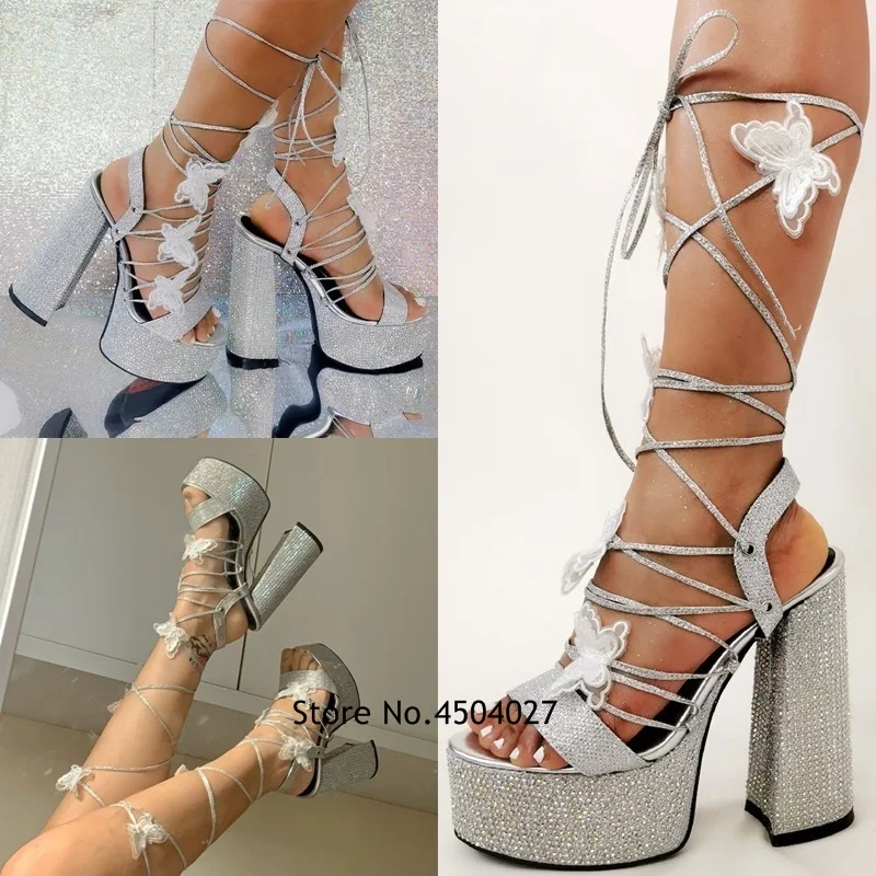 

Bling Rhinestone Butterfly Cross Strap Sandals Women's Elegant High Heel Shoes Silver Crystal Summer Open Toe Heeled sandals